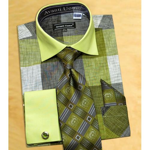 Avanti Uomo Olive / Pistachio / Grey Check Design Shirt / Tie / Hanky Set With Free Cufflinks DN65M.